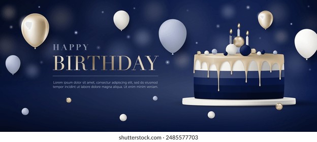 Happy birthday elegant cake. Birthday greeting card template with 3D luxury cake and gold balloon on blue background for birthday anniversary party event, Banner, flyer, poster, advertising. Vector