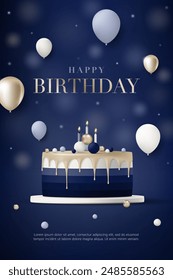 Happy birthday elegant cake. Birthday greeting card template with 3D luxury cake and gold balloon on blue background for birthday anniversary party event, Banner, flyer, poster, advertising. Vector