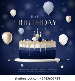 Happy birthday elegant cake. Birthday greeting card template with 3D luxury cake and gold balloon on blue background for birthday anniversary party event, Banner, flyer, poster, advertising. Vector