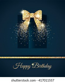 Happy birthday elegant card with gold bow. Birthday gold greeting background. Vector illustration