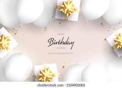 Fröhlicher Geburtstag mit eleganter Geschenkbox und Ballons.