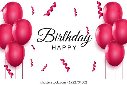 Happy birthday elegant greeting card. Pink air balloons and falling confetti on white background. Holiday congratulation vector illustration. Art realism, beautiful banner with realistic 3d elements.