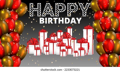 Happy Birthday Elegant vintage birthday cards with golden details
greeting card with gold balloons and falling confetti. Colorful advertisment, promotion birthday cake illustration invitation