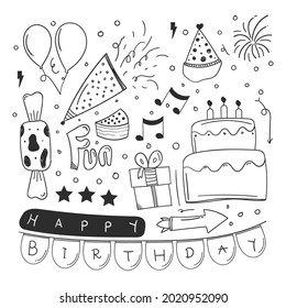 happy birthday element design with doodle style. happy birthday concept. use for element design invitation, wallpaper or social media feed.