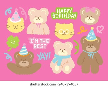 HAPPY BIRTHDAY elements with cat and bear cartoon characters for animal sticker, brand logo, pet icon, fabric print, social media post, ads, banner