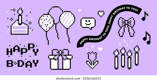 Happy Birthday elements collection. Pixel art. Present, ballon, holiday, party icon set. Y2k trendy playful pixel stickers. Mood of 90's aesthetics. 8-bit retro style vector shape for collage, poster