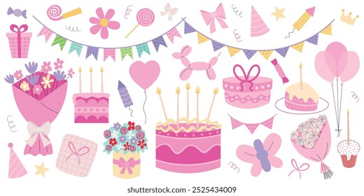 Happy birthday elements in pink colors set. Vector set of flat birthday elements. Hanging garlands, balloons, floral bouquets, slice of cakes, birthday cake