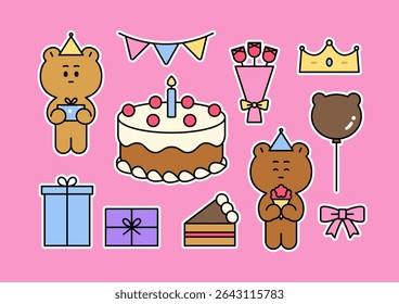 Happy Birthday elements set. Cute cartoon style bear character and party decorative items. Flat vector illustration collection.  