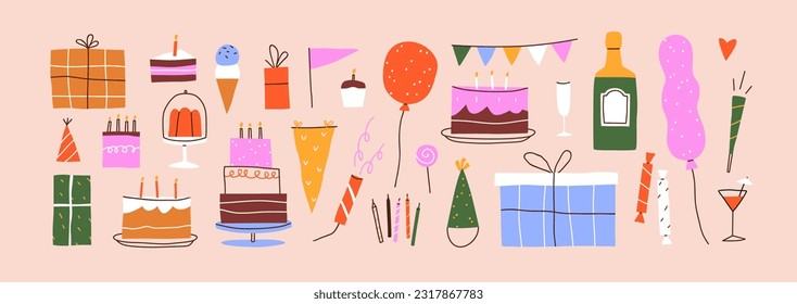 Happy birthday elements set. Festive decoration items, gift boxes, balloons, cakes, candles for holiday celebration. Presents, garlands, party hats bundle. Colorful isolated flat vector illustrations