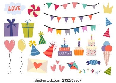 Happy birthday elements set. Festive decoration items, gift boxes, balloons, cakes, candles for holiday celebration. Presents, garlands, party hats bundle. Colorful isolated flat vector illustrations