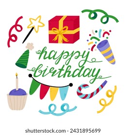 Happy birthday  elements set. Greeting card with text Happy Birthday.