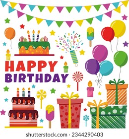 Happy birthday elements set. Holiday decor items, cakes, gift boxes, balloons, candles, ice cream, flags