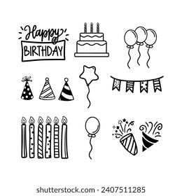 Happy birthday elements set. Birthday party vector doodle collection. Festive decoration bundle.