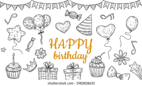 Happy birthday elements. Sketch party banner, festive signs. Balloons gifts garlands and cakes, drawing candies vector background