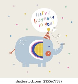  Happy Birthday elephant animal paper shape cutouts style vector illustration. Scandinavian childish wild party pre-made print design.