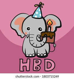 Happy Birthday elephant with HBD cake cartoon vector illustration