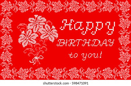 Happy Birthday Embroidered Handmade Ethnic Greeting Card with a Flowers on the Red Background.  