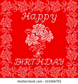 Happy Birthday Embroidered Handmade Ethnic Greeting Card with a Flowers on the Red Background.  