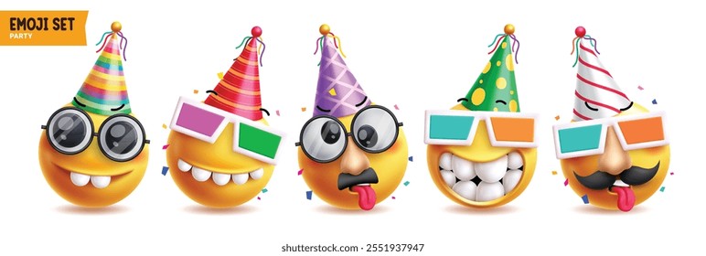 Conjunto de personajes de Vector de emoji de feliz cumpleaños. Arte de Clip de emojis con gafas de sol 3d, sombrero de fiesta colorido en Elementos de disfraces de personajes divertidos, cansados y traviesos. Emoji de fiesta de cumpleaños de Ilustración vectorial 