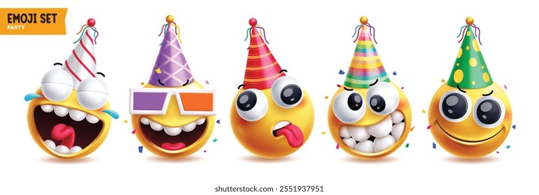 Conjunto de personajes de Vector de emoji de feliz cumpleaños. Emojis de fiesta de cumpleaños con sombrero colorido en Elementos gráficos de expresiones faciales de arte de Clip de sonrisa tonta, fresca, cansada, divertida y linda. Ilustración vectorial 