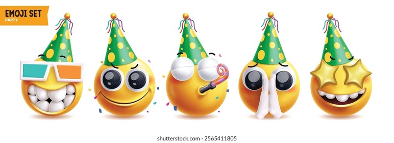 Happy birthday emoji vector characters set. 3d emojis character wearing green and yellow party hat in funny, cute smiling, blowing balloon, begging and star eyes facial expressions graphic design. 