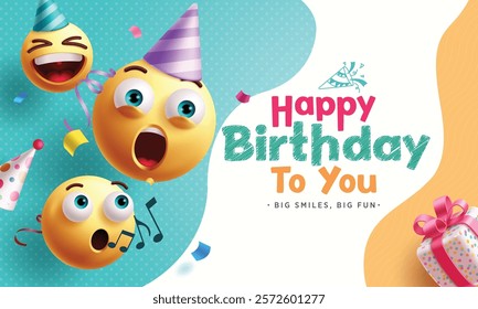 Happy birthday emojis clipart background. Emojis birthday characters with party hat, confetti and gift box in abstract background. Vector illustration emoticons character clip art. 
