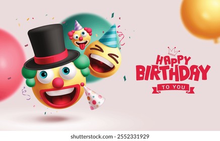 Feliz aniversário emojis clipart design. Texto de saudação de aniversário de personagem de palhaço de Emoji e desejos para o plano de fundo do cartão de convite da festa. Ilustração de vetor palhaço emoticon clip art. 
