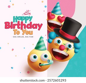 Happy birthday emojis clipart design. Emoji birthday clown characters with greeting wishes text for invitation card background. Vector illustration clown emoticon clip art. 
