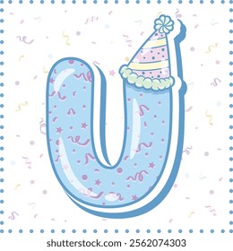 Happy Birthday English alphabet letter U in cute pastel coloring with a party hat