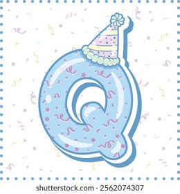 Happy Birthday English alphabet letter Q in cute pastel coloring with a party hat