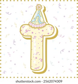 Happy Birthday English alphabet letter T in cute pastel coloring with a party hat