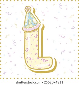 Happy Birthday English alphabet letter L in cute pastel coloring with a party hat