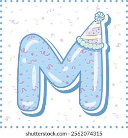 Happy Birthday English alphabet letter M in cute pastel coloring with a party hat