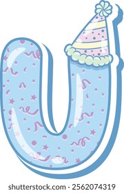 Happy Birthday English alphabet letter U in cute pastel coloring with a party hat