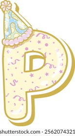 Happy Birthday English alphabet letter P in cute pastel coloring with a party hat