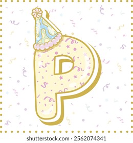 Happy Birthday English alphabet letter P in cute pastel coloring with a party hat