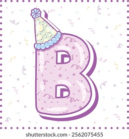 Happy Birthday English alphabet letter B in cute pastel coloring with a party hat