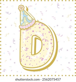 Happy Birthday English alphabet letter D in cute pastel coloring with a party hat