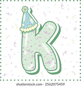 Happy Birthday English alphabet letter K in cute pastel coloring with a party hat