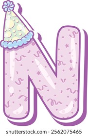 Happy Birthday English alphabet letter N in cute pastel coloring with a party hat