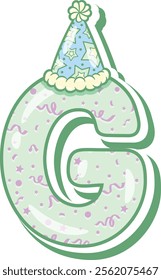 Happy Birthday English alphabet letter G in cute pastel coloring with a party hat