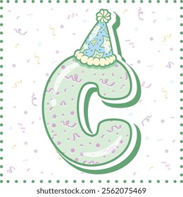 Happy Birthday English alphabet letter C in cute pastel coloring with a party hat