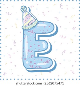 Happy Birthday English alphabet letter E in cute pastel coloring with a party hat