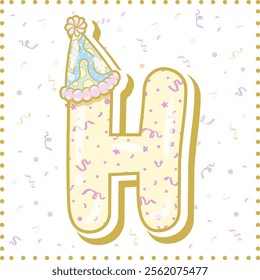 Happy Birthday English alphabet letter H in cute pastel coloring with a party hat