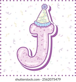 Happy Birthday English alphabet letter J in cute pastel coloring with a party hat