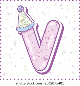 Happy Birthday English alphabet letter V in cute pastel coloring with a party hat