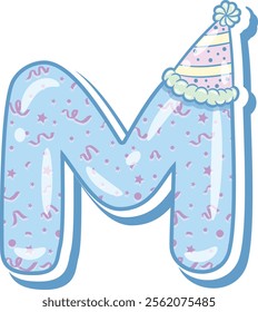 Happy Birthday English alphabet letter M in cute pastel coloring with a party hat