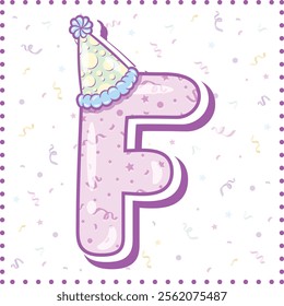 Happy Birthday English alphabet letter F in cute pastel coloring with a party hat