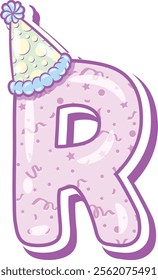 Happy Birthday English alphabet letter R in cute pastel coloring with a party hat