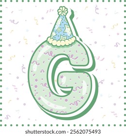 Happy Birthday English alphabet letter G in cute pastel coloring with a party hat